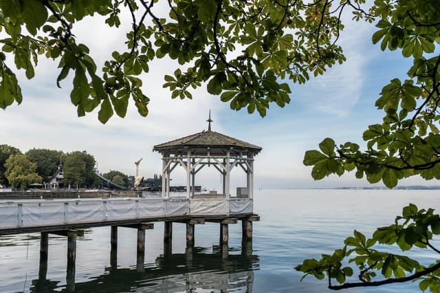 Wooden pavilion on a pier on Lake Constance in Bregenz