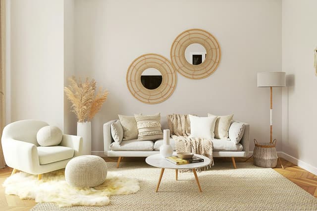 Bright, styled living room with a sofa and round mirrors